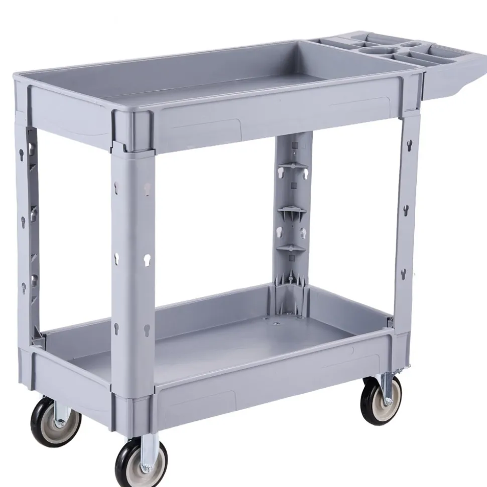 VEVOR Utility Cart, 550 lbs Capacity, 2 Tier Service Cart with 360° Swivel & Fixed Wheels (2 with Brakes), Heavy Duty Plastic Rolling with Storage Tray, Tool Storage for Garage Warehouse Workshop