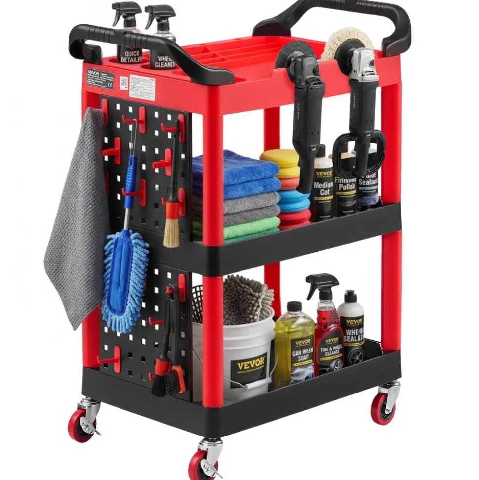 VEVOR Utility Cart, 300 lbs Capacity, 3 Tier Service Cart with 360° Swivel Wheels (2 with Brakes), Heavy Duty Plastic Rolling with Trays and Pegboards, Tool Storage for Garage, Warehouse & Repair Shop