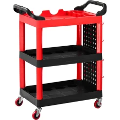 VEVOR Utility Cart, 300 lbs Capacity, 3 Tier Service Cart with 360° Swivel Wheels (2 with Brakes), Heavy Duty Plastic Rolling with Trays and Pegboards, Tool Storage for Garage, Warehouse & Repair Shop