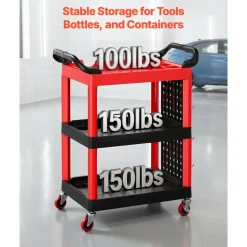 VEVOR Utility Cart, 300 lbs Capacity, 3 Tier Service Cart with 360° Swivel Wheels (2 with Brakes), Heavy Duty Plastic Rolling with Trays and Pegboards, Tool Storage for Garage, Warehouse & Repair Shop