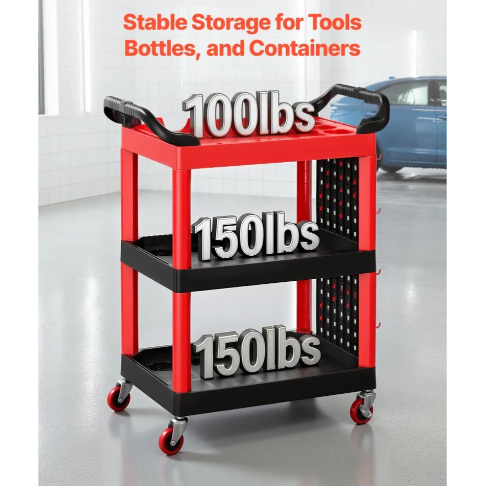 VEVOR Utility Cart, 300 lbs Capacity, 3 Tier Service Cart with 360° Swivel Wheels (2 with Brakes), Heavy Duty Plastic Rolling with Trays and Pegboards, Tool Storage for Garage, Warehouse & Repair Shop