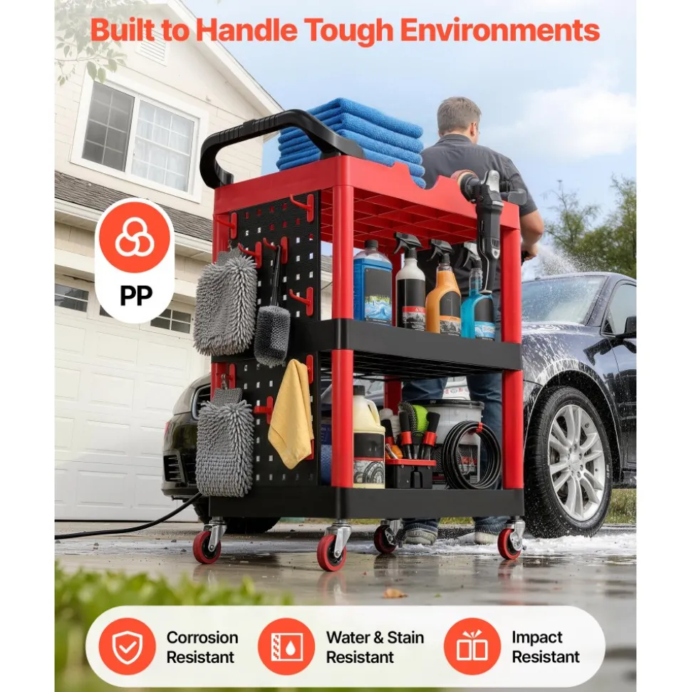 VEVOR Utility Cart, 300 lbs Capacity, 3 Tier Service Cart with 360° Swivel Wheels (2 with Brakes), Heavy Duty Plastic Rolling with Trays and Pegboards, Tool Storage for Garage, Warehouse & Repair Shop