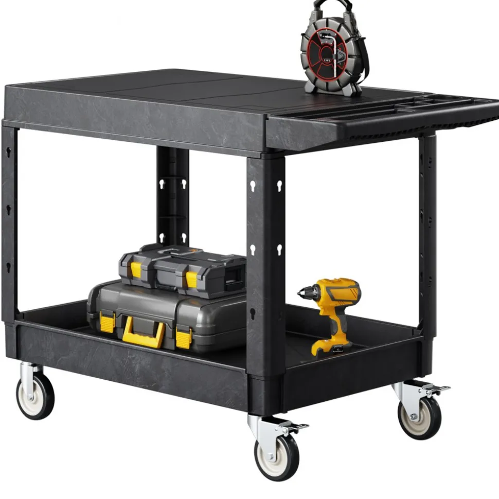 VEVOR Utility Cart, 550 lbs Load Capacity, 37 x 25.4-inch Service Cart, Two-Shelf Heavy Duty Plastic Utility Cart with 360° Swivel Wheels (2 with Brakes), Suitable for Warehouse, Garage, Cleaning