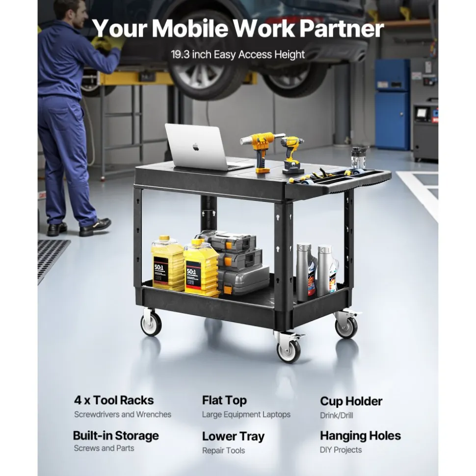 VEVOR Utility Cart, 550 lbs Load Capacity, 37 x 25.4-inch Service Cart, Two-Shelf Heavy Duty Plastic Utility Cart with 360° Swivel Wheels (2 with Brakes), Suitable for Warehouse, Garage, Cleaning