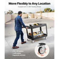 VEVOR Utility Cart, 550 lbs Load Capacity, 37 x 25.4-inch Service Cart, Two-Shelf Heavy Duty Plastic Utility Cart with 360° Swivel Wheels (2 with Brakes), Suitable for Warehouse, Garage, Cleaning