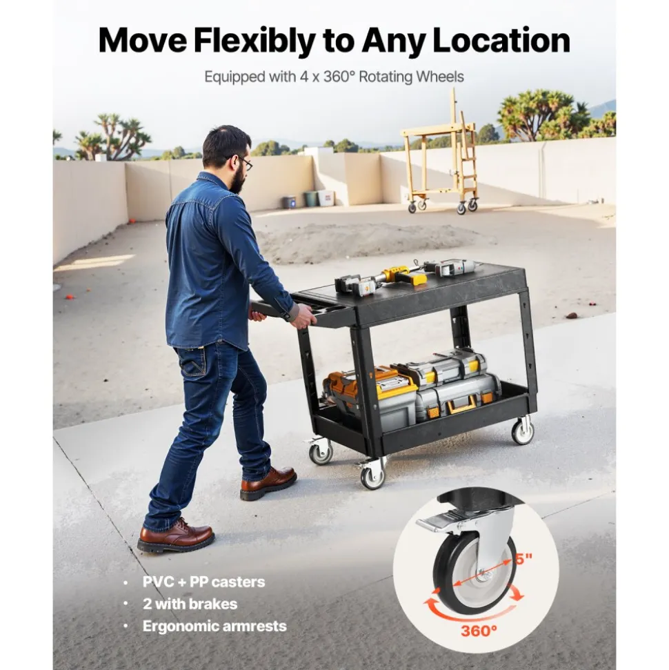 VEVOR Utility Cart, 550 lbs Load Capacity, 37 x 25.4-inch Service Cart, Two-Shelf Heavy Duty Plastic Utility Cart with 360° Swivel Wheels (2 with Brakes), Suitable for Warehouse, Garage, Cleaning