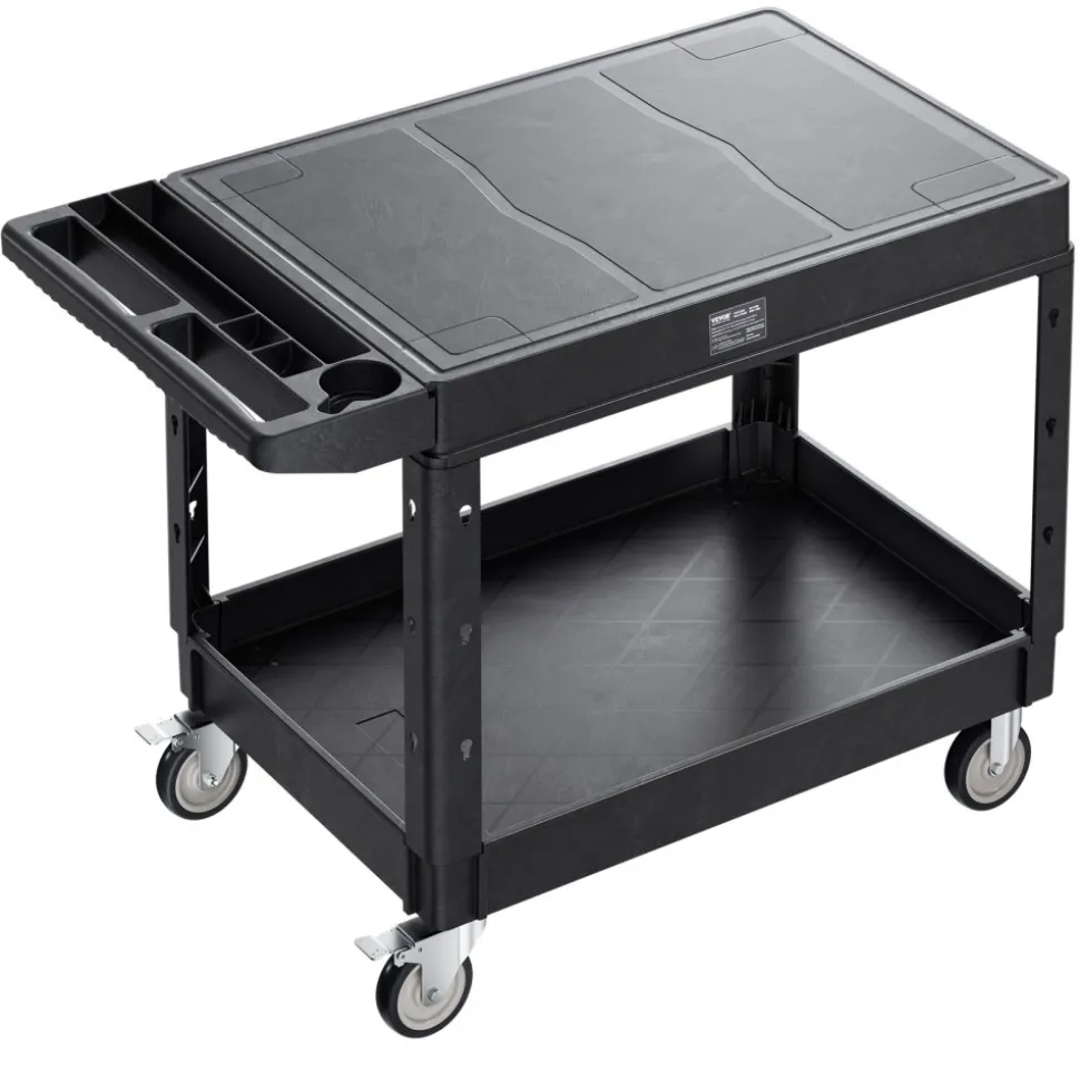 VEVOR Utility Cart, 550 lbs Load Capacity, 37 x 25.4-inch Service Cart, Two-Shelf Heavy Duty Plastic Utility Cart with 360° Swivel Wheels (2 with Brakes), Suitable for Warehouse, Garage, Cleaning