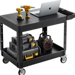VEVOR Utility Cart, 550 lbs Load Capacity, 37 x 25.4-inch Service Cart, Two-Shelf Heavy Duty Plastic Utility Cart with 360° Swivel Wheels (2 with Brakes), Suitable for Warehouse, Garage, Cleaning