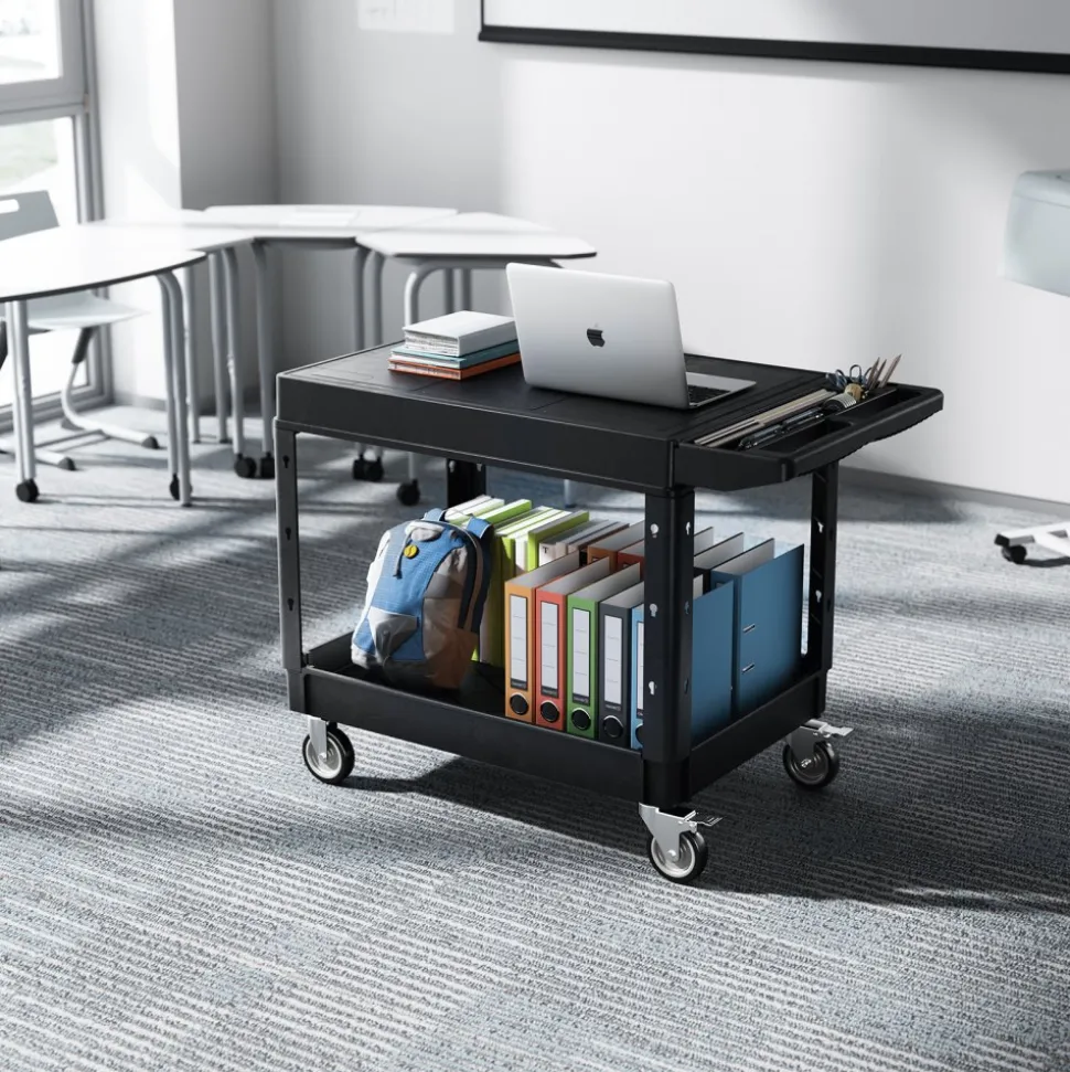 VEVOR Utility Cart, 550 lbs Load Capacity, 37 x 25.4-inch Service Cart, Two-Shelf Heavy Duty Plastic Utility Cart with 360° Swivel Wheels (2 with Brakes), Suitable for Warehouse, Garage, Cleaning