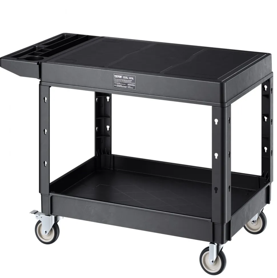 VEVOR Utility Cart, 550 lbs Load Capacity, 37 x 25.4-inch Service Cart, Two-Shelf Heavy Duty Plastic Utility Cart with 360° Swivel Wheels (2 with Brakes), Suitable for Warehouse, Garage, Cleaning