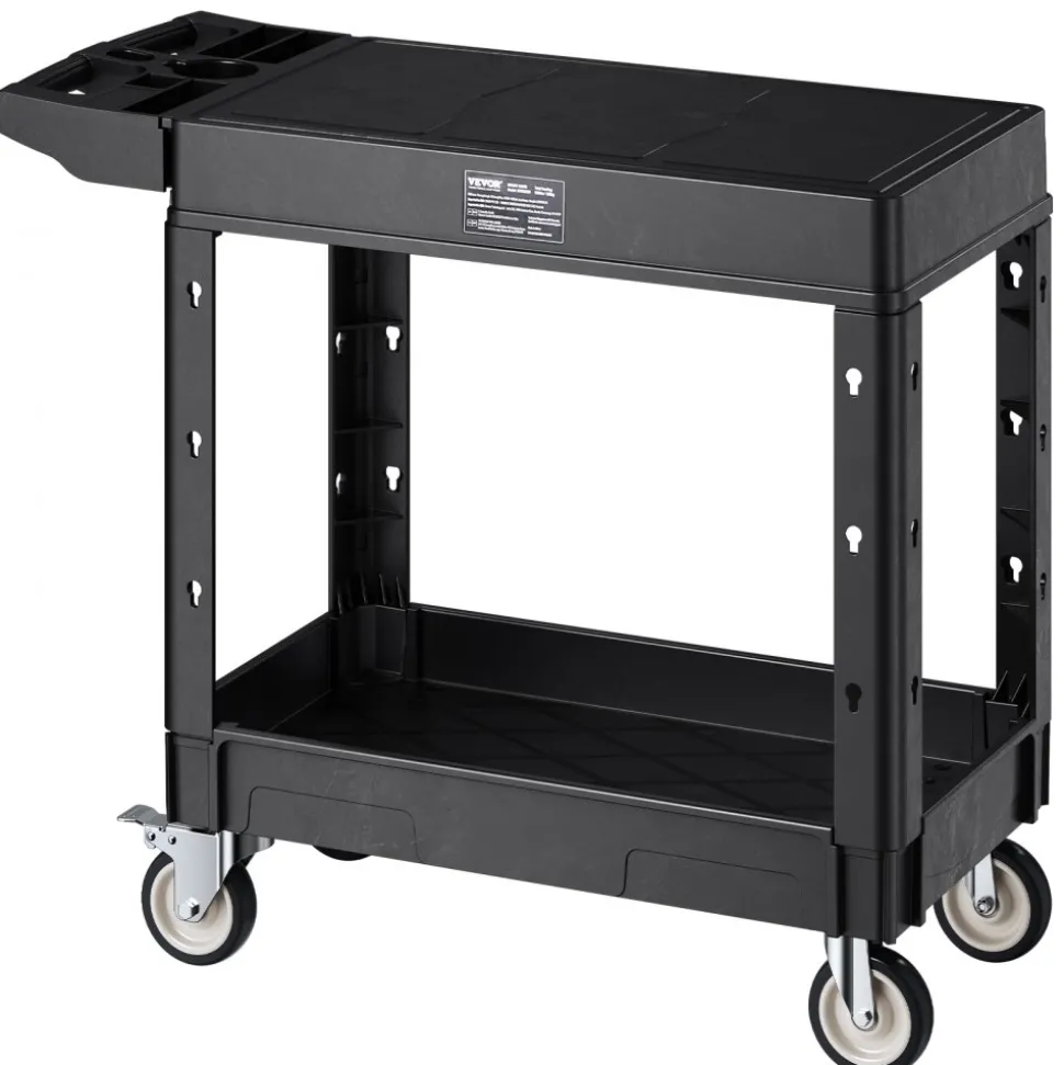 VEVOR Utility Cart, 550 lbs Load Capacity, 31.3 x 17.7-inch Service Cart, Two-Shelf Heavy Duty Plastic Utility Cart with 360° Swivel Wheels (2 with Brakes), Suitable for Warehouse, Garage, Cleaning