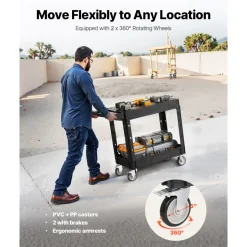 VEVOR Utility Cart, 550 lbs Load Capacity, 31.3 x 17.7-inch Service Cart, Two-Shelf Heavy Duty Plastic Utility Cart with 360° Swivel Wheels (2 with Brakes), Suitable for Warehouse, Garage, Cleaning