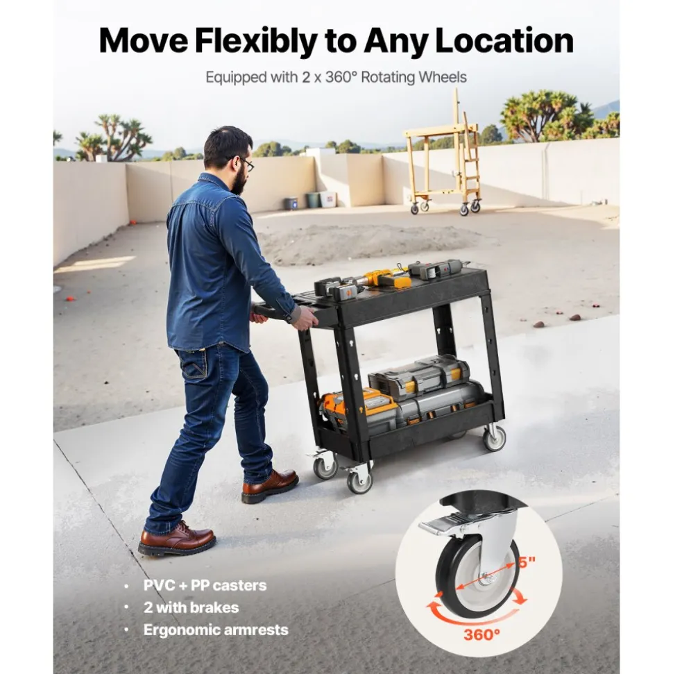 VEVOR Utility Cart, 550 lbs Load Capacity, 31.3 x 17.7-inch Service Cart, Two-Shelf Heavy Duty Plastic Utility Cart with 360° Swivel Wheels (2 with Brakes), Suitable for Warehouse, Garage, Cleaning