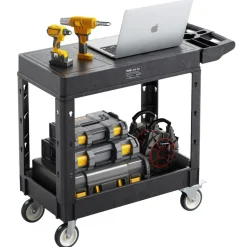VEVOR Utility Cart, 550 lbs Load Capacity, 31.3 x 17.7-inch Service Cart, Two-Shelf Heavy Duty Plastic Utility Cart with 360° Swivel Wheels (2 with Brakes), Suitable for Warehouse, Garage, Cleaning
