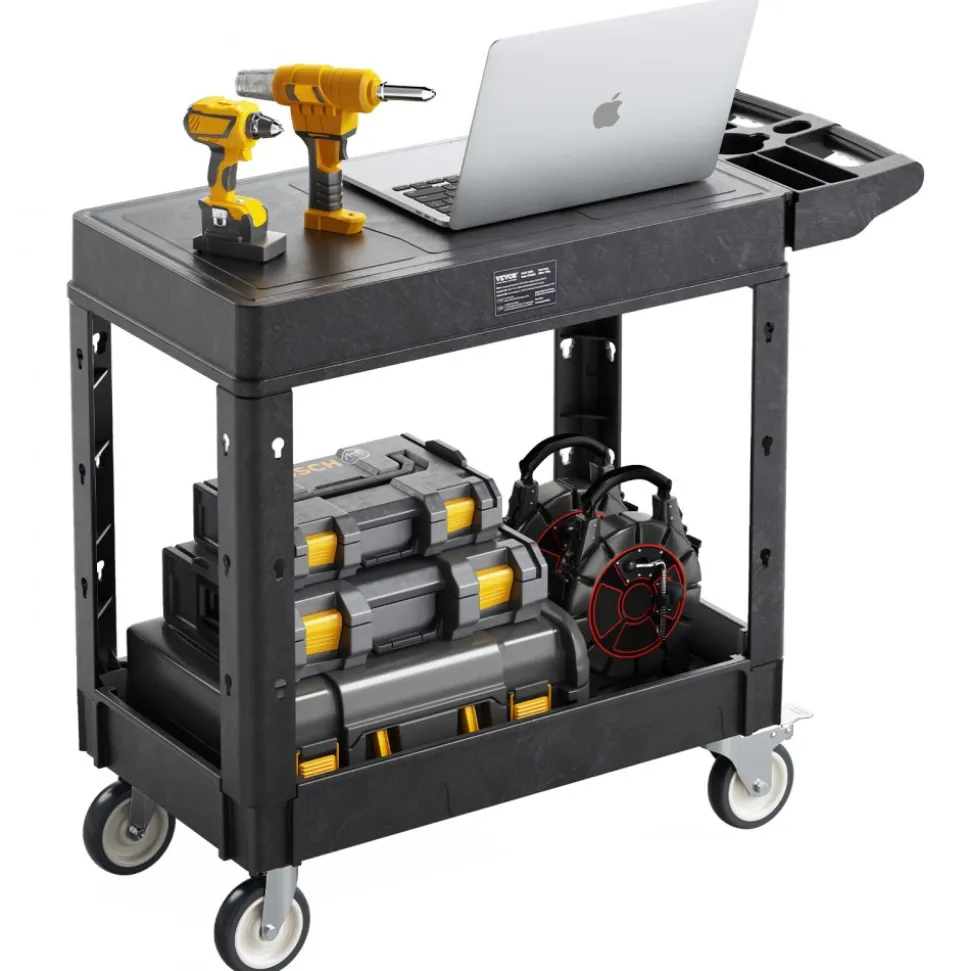 VEVOR Utility Cart, 550 lbs Load Capacity, 31.3 x 17.7-inch Service Cart, Two-Shelf Heavy Duty Plastic Utility Cart with 360° Swivel Wheels (2 with Brakes), Suitable for Warehouse, Garage, Cleaning