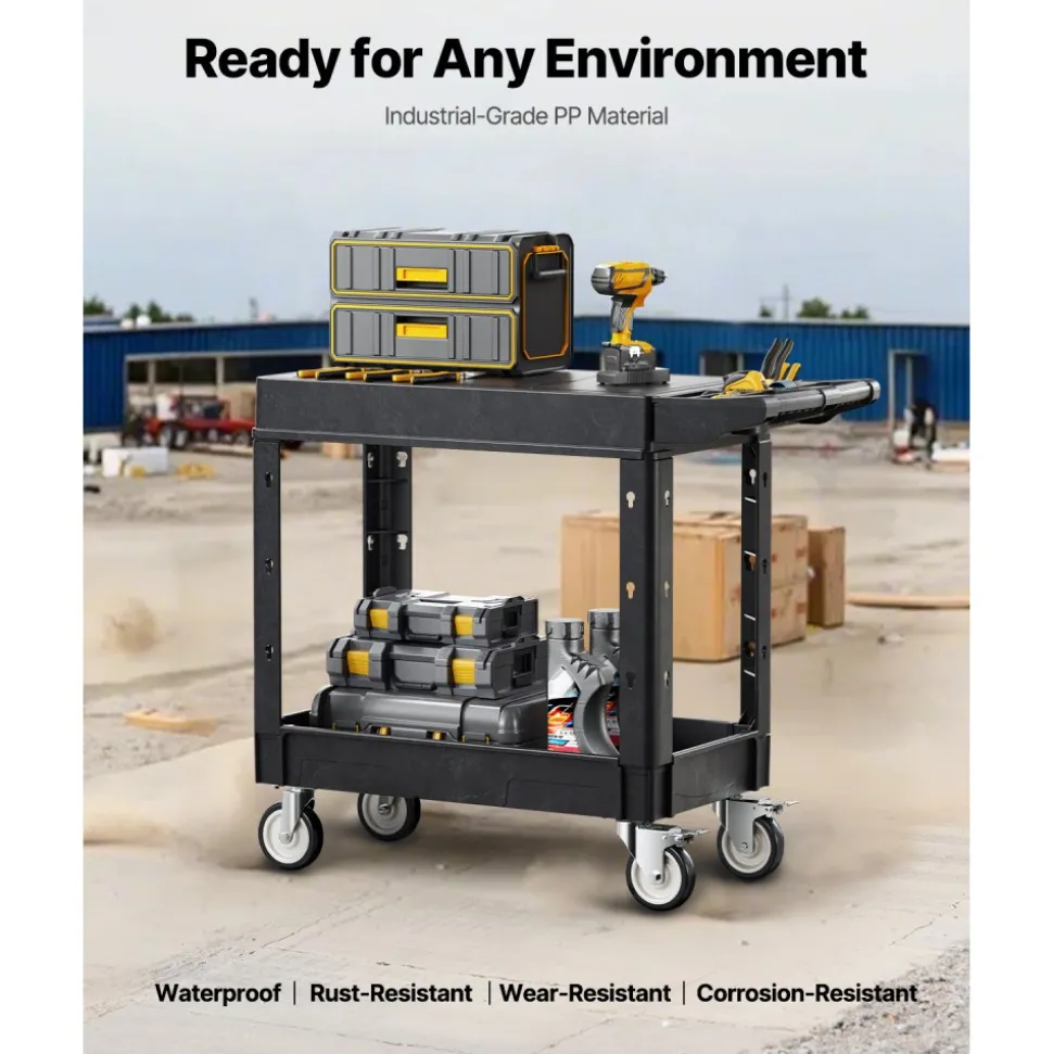 VEVOR Utility Cart, 550 lbs Load Capacity, 31.3 x 17.7-inch Service Cart, Two-Shelf Heavy Duty Plastic Utility Cart with 360° Swivel Wheels (2 with Brakes), Suitable for Warehouse, Garage, Cleaning