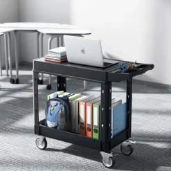 VEVOR Utility Cart, 550 lbs Load Capacity, 31.3 x 17.7-inch Service Cart, Two-Shelf Heavy Duty Plastic Utility Cart with 360° Swivel Wheels (2 with Brakes), Suitable for Warehouse, Garage, Cleaning