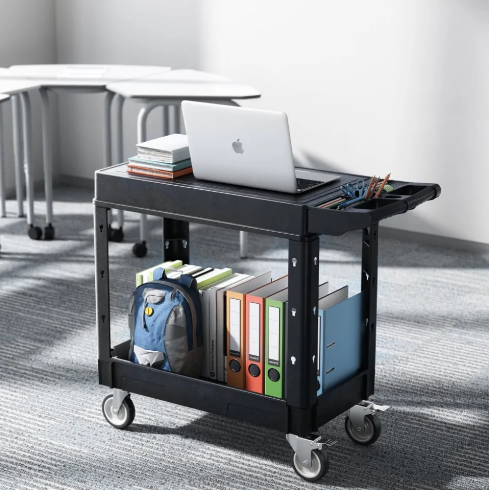 VEVOR Utility Cart, 550 lbs Load Capacity, 31.3 x 17.7-inch Service Cart, Two-Shelf Heavy Duty Plastic Utility Cart with 360° Swivel Wheels (2 with Brakes), Suitable for Warehouse, Garage, Cleaning