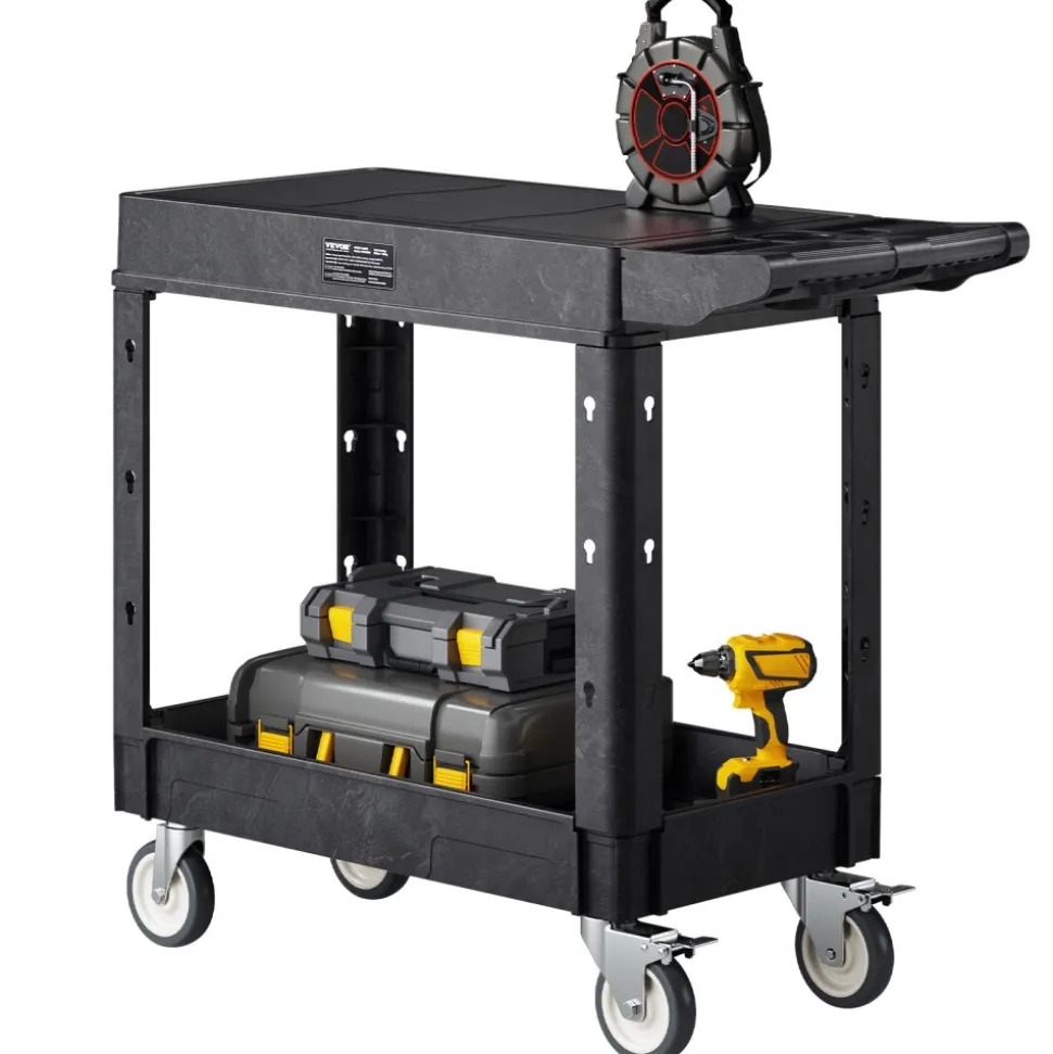 VEVOR Utility Cart, 550 lbs Load Capacity, 31.3 x 17.7-inch Service Cart, Two-Shelf Heavy Duty Plastic Utility Cart with 360° Swivel Wheels (2 with Brakes), Suitable for Warehouse, Garage, Cleaning