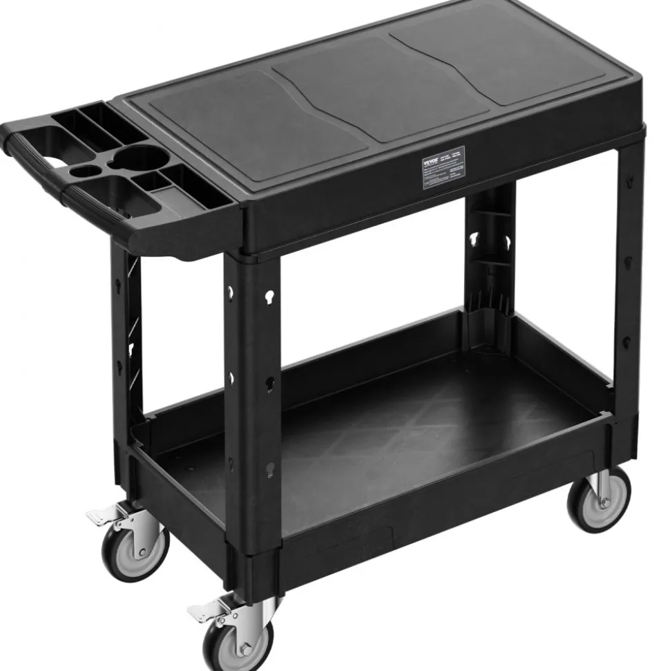 VEVOR Utility Cart, 550 lbs Load Capacity, 31.3 x 17.7-inch Service Cart, Two-Shelf Heavy Duty Plastic Utility Cart with 360° Swivel Wheels (2 with Brakes), Suitable for Warehouse, Garage, Cleaning