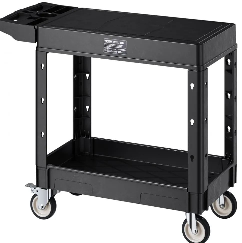 VEVOR Utility Cart, 550 lbs Load Capacity, 31.3 x 17.7-inch Service Cart, Two-Shelf Heavy Duty Plastic Utility Cart with 360° Swivel Wheels (2 with Brakes), Suitable for Warehouse, Garage, Cleaning