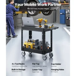 VEVOR Utility Cart, 550 lbs Load Capacity, 31.3 x 17.7-inch Service Cart, Two-Shelf Heavy Duty Plastic Utility Cart with 360° Swivel Wheels (2 with Brakes), Suitable for Warehouse, Garage, Cleaning