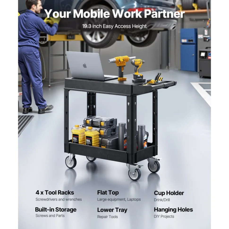 VEVOR Utility Cart, 550 lbs Load Capacity, 31.3 x 17.7-inch Service Cart, Two-Shelf Heavy Duty Plastic Utility Cart with 360° Swivel Wheels (2 with Brakes), Suitable for Warehouse, Garage, Cleaning