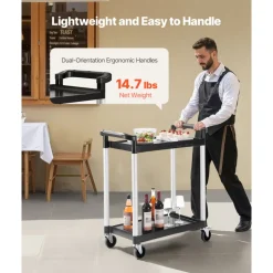 VEVOR Utility Cart, 300 lbs Load Capacity, 2-tier Utility Plastic Cart with 360° Swivel Wheels (2 with Brakes), 24.4 x 16.1-inch Food Service Cart for Warehouse, Office, Home, Restaurant, Kitchen