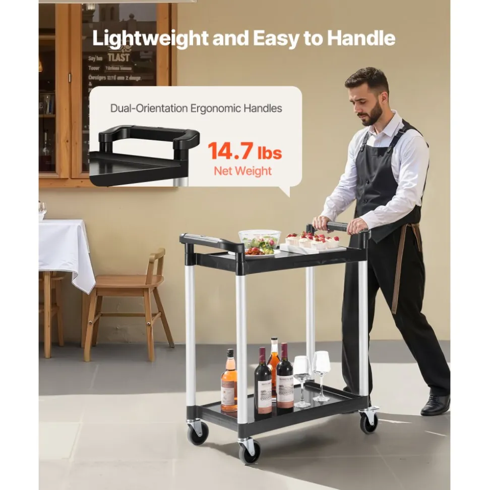 VEVOR Utility Cart, 300 lbs Load Capacity, 2-tier Utility Plastic Cart with 360° Swivel Wheels (2 with Brakes), 24.4 x 16.1-inch Food Service Cart for Warehouse, Office, Home, Restaurant, Kitchen