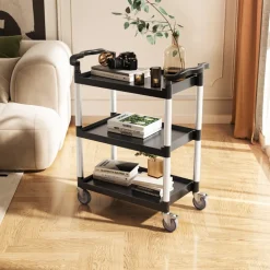 VEVOR Utility Cart, 300 lbs Load Capacity, 2-tier Utility Plastic Cart with 360° Swivel Wheels (2 with Brakes), 24.4 x 16.1-inch Food Service Cart for Warehouse, Office, Home, Restaurant, Kitchen