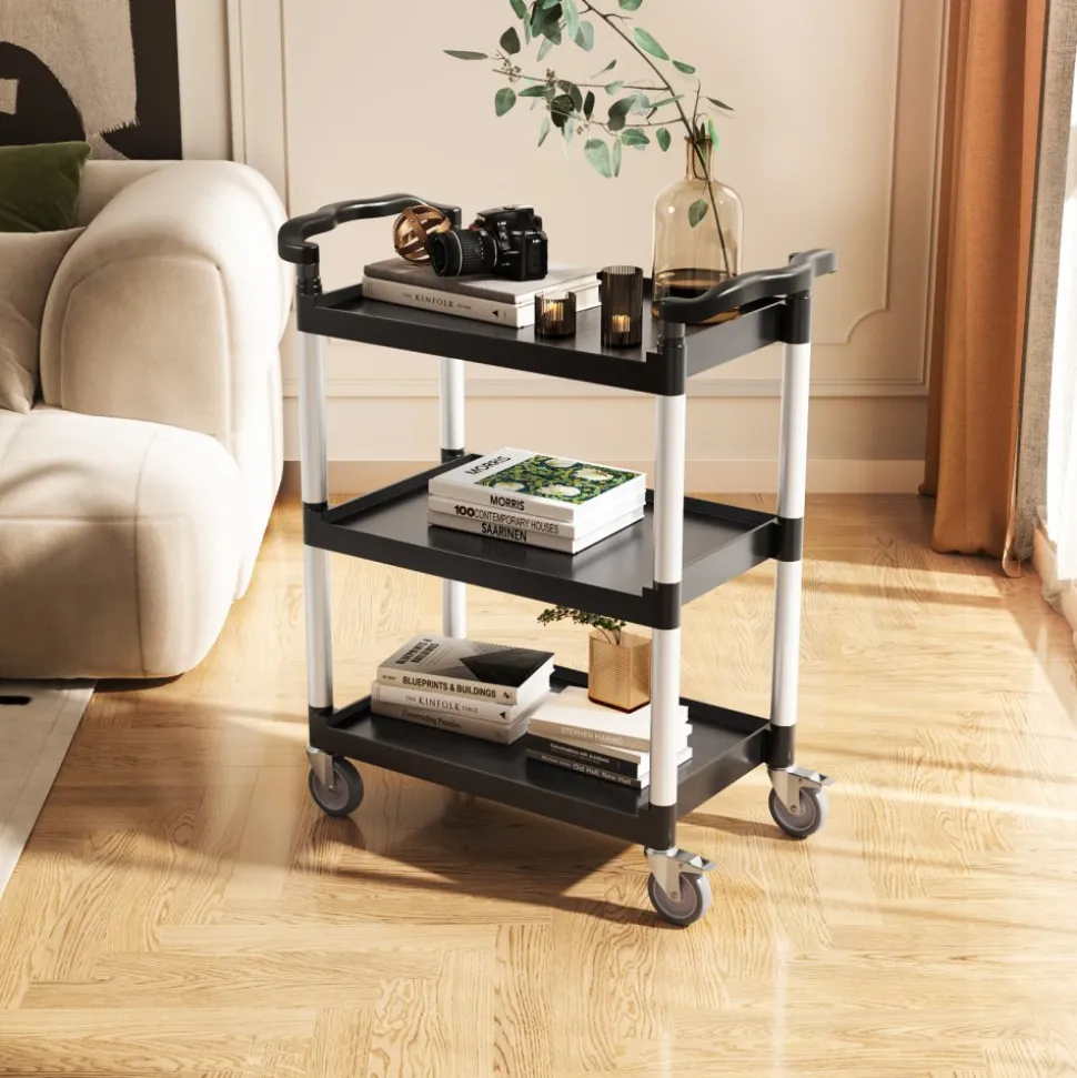 VEVOR Utility Cart, 300 lbs Load Capacity, 2-tier Utility Plastic Cart with 360° Swivel Wheels (2 with Brakes), 24.4 x 16.1-inch Food Service Cart for Warehouse, Office, Home, Restaurant, Kitchen