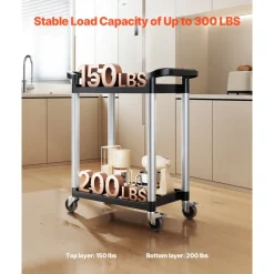 VEVOR Utility Cart, 300 lbs Load Capacity, 2-tier Utility Plastic Cart with 360° Swivel Wheels (2 with Brakes), 24.4 x 16.1-inch Food Service Cart for Warehouse, Office, Home, Restaurant, Kitchen