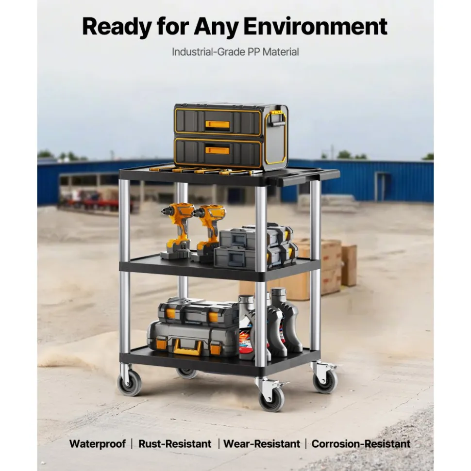 VEVOR Utility Cart, 300 lbs Load Capacity, 27.6 x 18.1-inch Service Cart, Three-Shelf Heavy Duty Plastic Utility Cart with 360° Swivel Wheels (2 with Brakes), Suitable for Warehouse, Garage, Cleaning