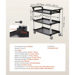 VEVOR Utility Cart, 500 lbs Load Capacity, 3-tier Utility Plastic Cart with 360° Swivel Wheels (2 with Brakes), 31.1 x 19.3-inch Food Service Cart for Warehouse, Office, Home, Restaurant, Kitchen