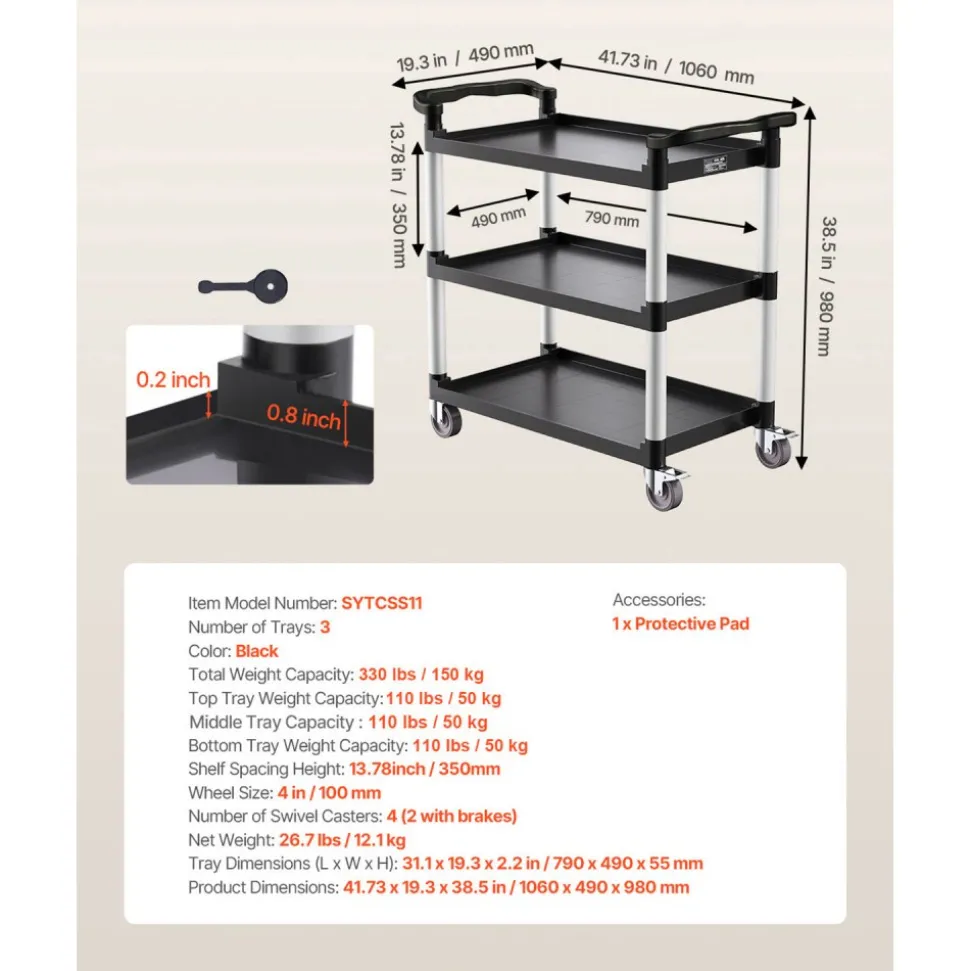 VEVOR Utility Cart, 500 lbs Load Capacity, 3-tier Utility Plastic Cart with 360° Swivel Wheels (2 with Brakes), 31.1 x 19.3-inch Food Service Cart for Warehouse, Office, Home, Restaurant, Kitchen