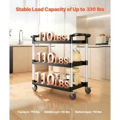 VEVOR Utility Cart, 500 lbs Load Capacity, 3-tier Utility Plastic Cart with 360° Swivel Wheels (2 with Brakes), 31.1 x 19.3-inch Food Service Cart for Warehouse, Office, Home, Restaurant, Kitchen
