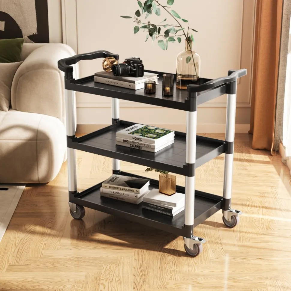 VEVOR Utility Cart, 500 lbs Load Capacity, 3-tier Utility Plastic Cart with 360° Swivel Wheels (2 with Brakes), 31.1 x 19.3-inch Food Service Cart for Warehouse, Office, Home, Restaurant, Kitchen