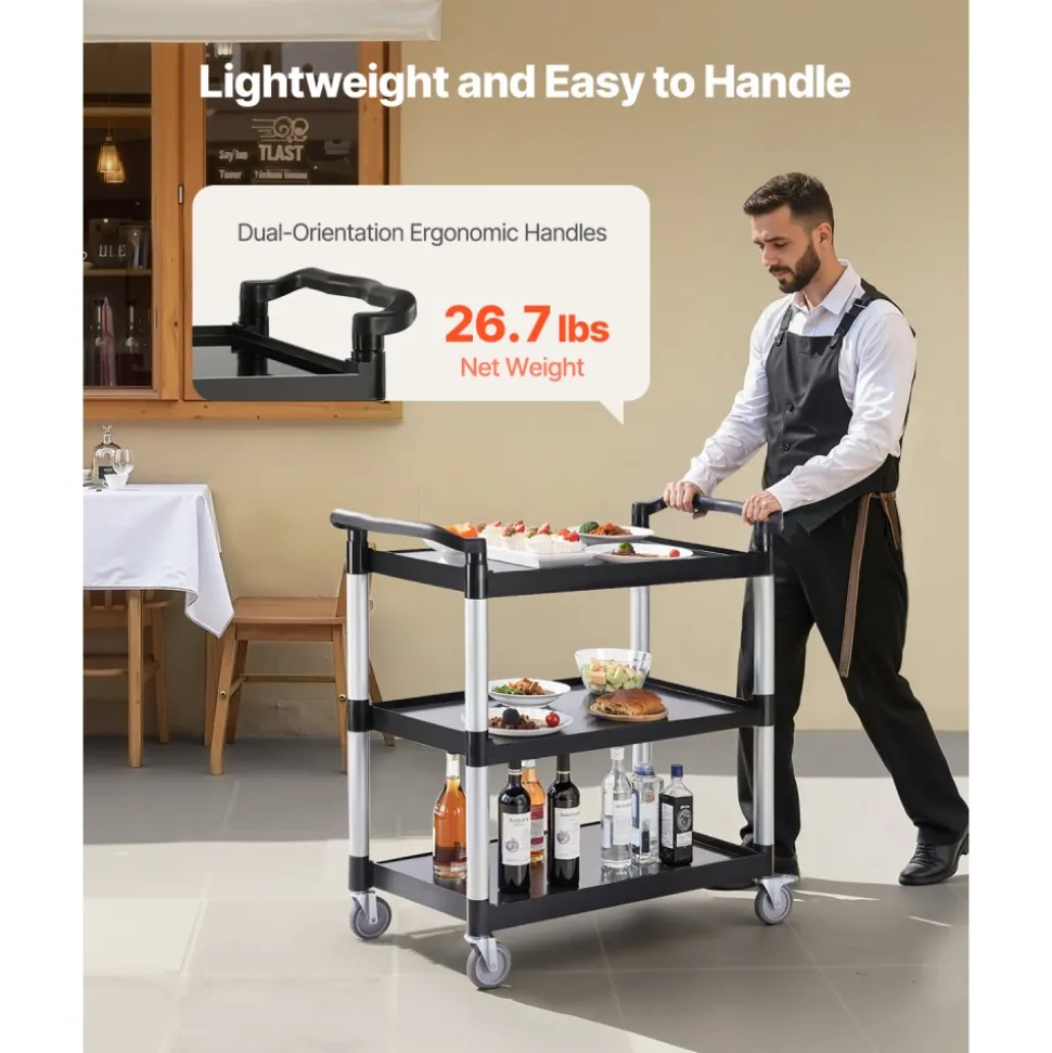 VEVOR Utility Cart, 500 lbs Load Capacity, 3-tier Utility Plastic Cart with 360° Swivel Wheels (2 with Brakes), 31.1 x 19.3-inch Food Service Cart for Warehouse, Office, Home, Restaurant, Kitchen