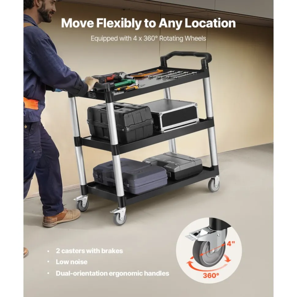 VEVOR Utility Cart, 500 lbs Load Capacity, 3-tier Utility Plastic Cart with 360° Swivel Wheels (2 with Brakes), 31.1 x 19.3-inch Food Service Cart for Warehouse, Office, Home, Restaurant, Kitchen