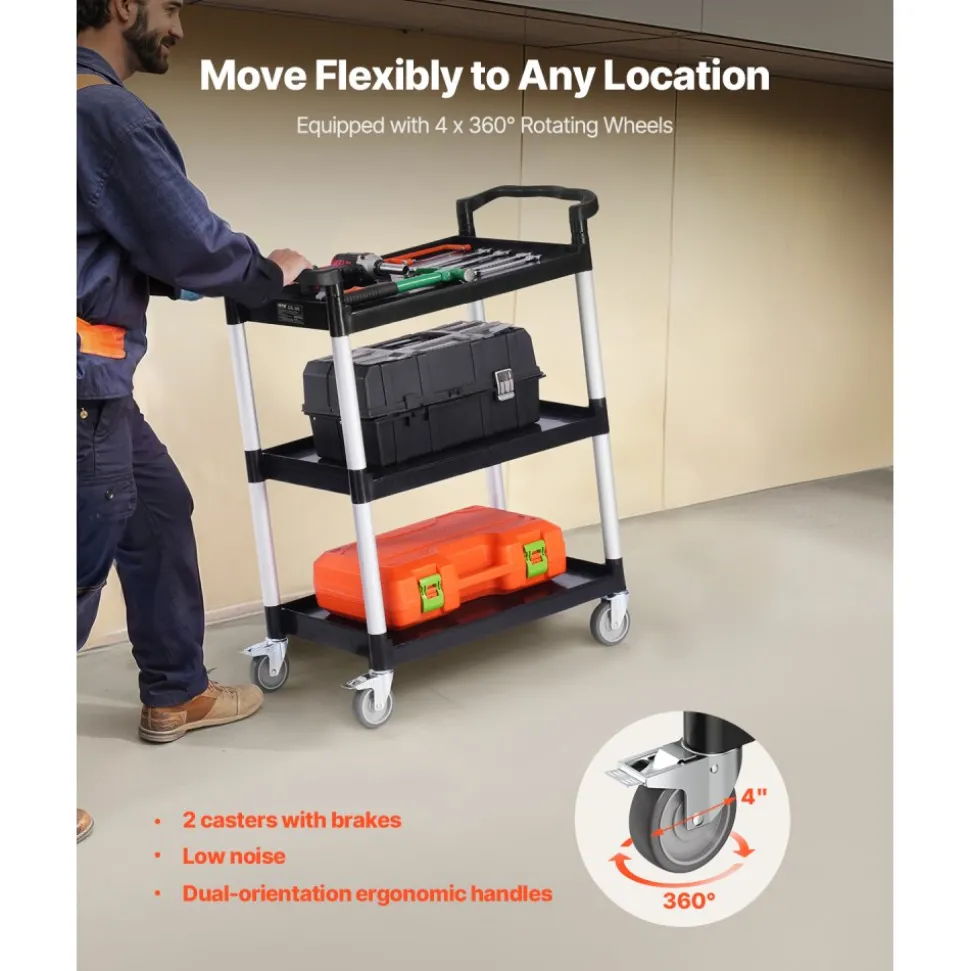 VEVOR Utility Cart, 300 lbs Load Capacity, 3-tier Utility Plastic Cart with 360° Swivel Wheels (2 with Brakes), 24.4 x 16.1-inch Food Service Cart for Warehouse, Office, Home, Restaurant, Kitchen