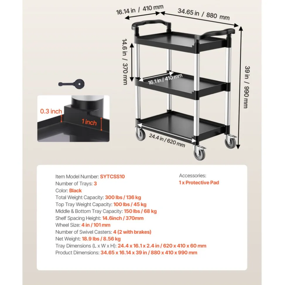 VEVOR Utility Cart, 300 lbs Load Capacity, 3-tier Utility Plastic Cart with 360° Swivel Wheels (2 with Brakes), 24.4 x 16.1-inch Food Service Cart for Warehouse, Office, Home, Restaurant, Kitchen