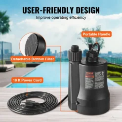 VEVOR Utility Pump, 1/3 HP, 2450 GPH High Flow, 30 ft Head, Sump Pump Submersible Water Pump Portable Utility Pump with 10 ft Long Power Cord for Draining Water from Swimming Pool Garden Pond Basement