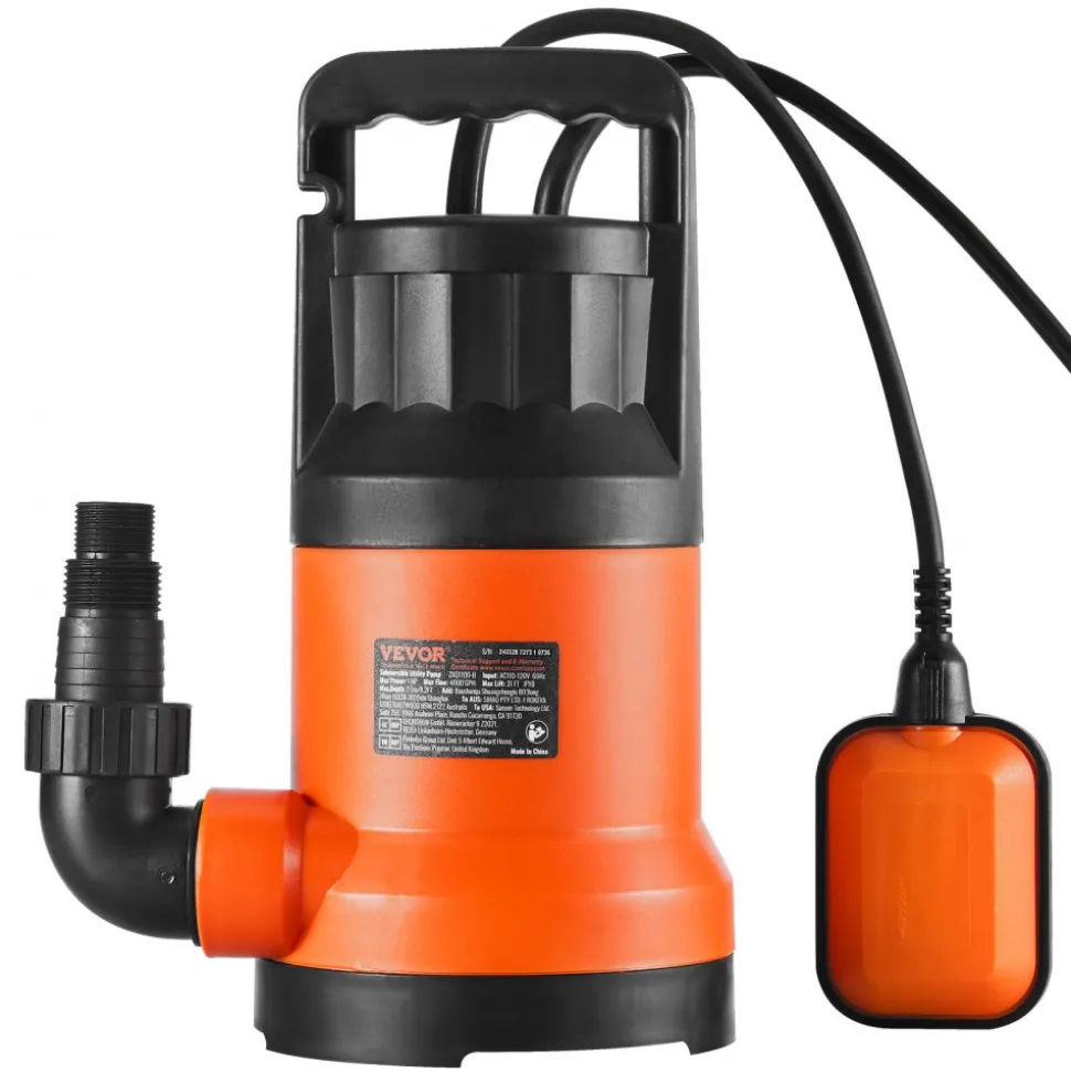VEVOR Utility Pump, 1 HP, 4000 GPH High Flow, 31 ft Head, Sump Pump Submersible Water Pump Portable Utility Pump with 10 ft Long Power Cord for Draining Water from Swimming Pool Garden Pond Basement