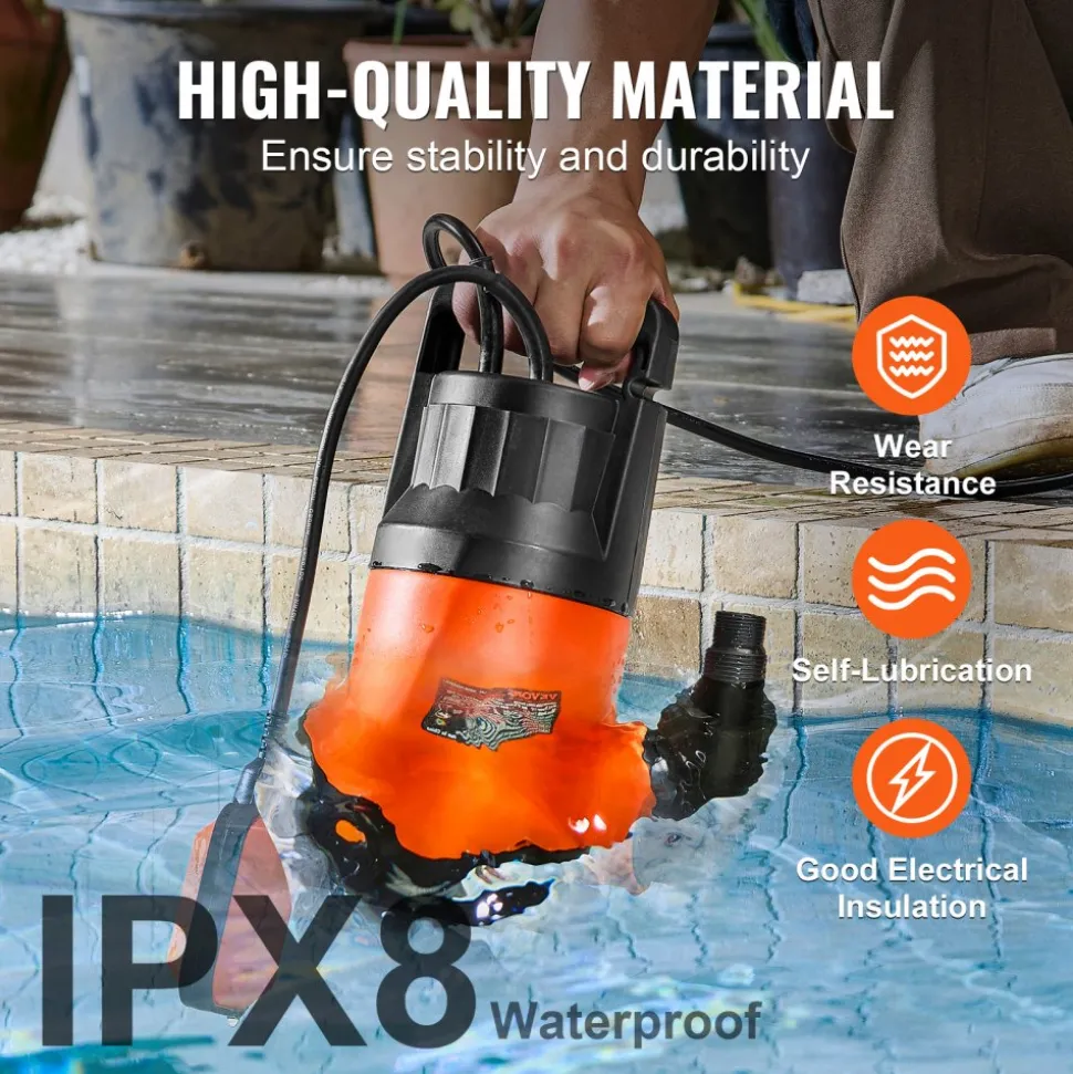 VEVOR Utility Pump, 1 HP, 4000 GPH High Flow, 31 ft Head, Sump Pump Submersible Water Pump Portable Utility Pump with 10 ft Long Power Cord for Draining Water from Swimming Pool Garden Pond Basement