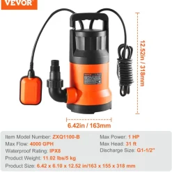 VEVOR Utility Pump, 1 HP, 4000 GPH High Flow, 31 ft Head, Sump Pump Submersible Water Pump Portable Utility Pump with 10 ft Long Power Cord for Draining Water from Swimming Pool Garden Pond Basement