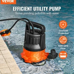 VEVOR Utility Pump, 1 HP, 4000 GPH High Flow, 31 ft Head, Sump Pump Submersible Water Pump Portable Utility Pump with 10 ft Long Power Cord for Draining Water from Swimming Pool Garden Pond Basement