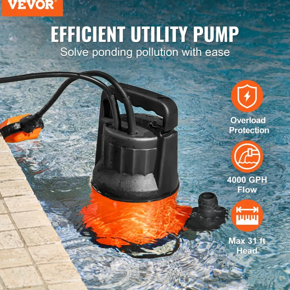 VEVOR Utility Pump, 1 HP, 4000 GPH High Flow, 31 ft Head, Sump Pump Submersible Water Pump Portable Utility Pump with 10 ft Long Power Cord for Draining Water from Swimming Pool Garden Pond Basement