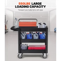 VEVOR Utility Service Cart, 550 LBS Laod Capacity, 3 Shelf Heavy Duty Plastic Rolling Utility Cart with 360° Swivel Wheels (2 with Brakes), Ergonomic Storage Handle for Warehouse/Garage/Cleaning