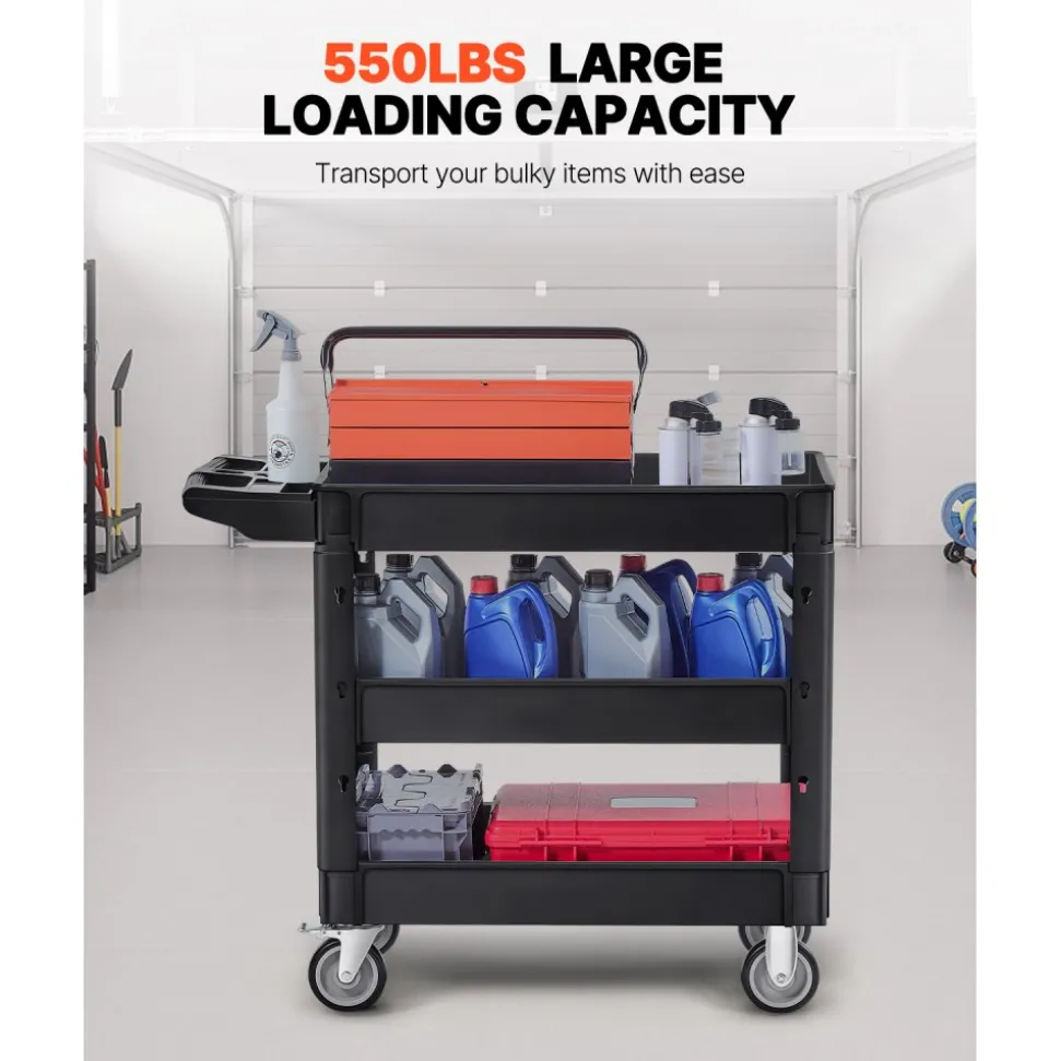 VEVOR Utility Service Cart, 550 LBS Laod Capacity, 3 Shelf Heavy Duty Plastic Rolling Utility Cart with 360° Swivel Wheels (2 with Brakes), Ergonomic Storage Handle for Warehouse/Garage/Cleaning