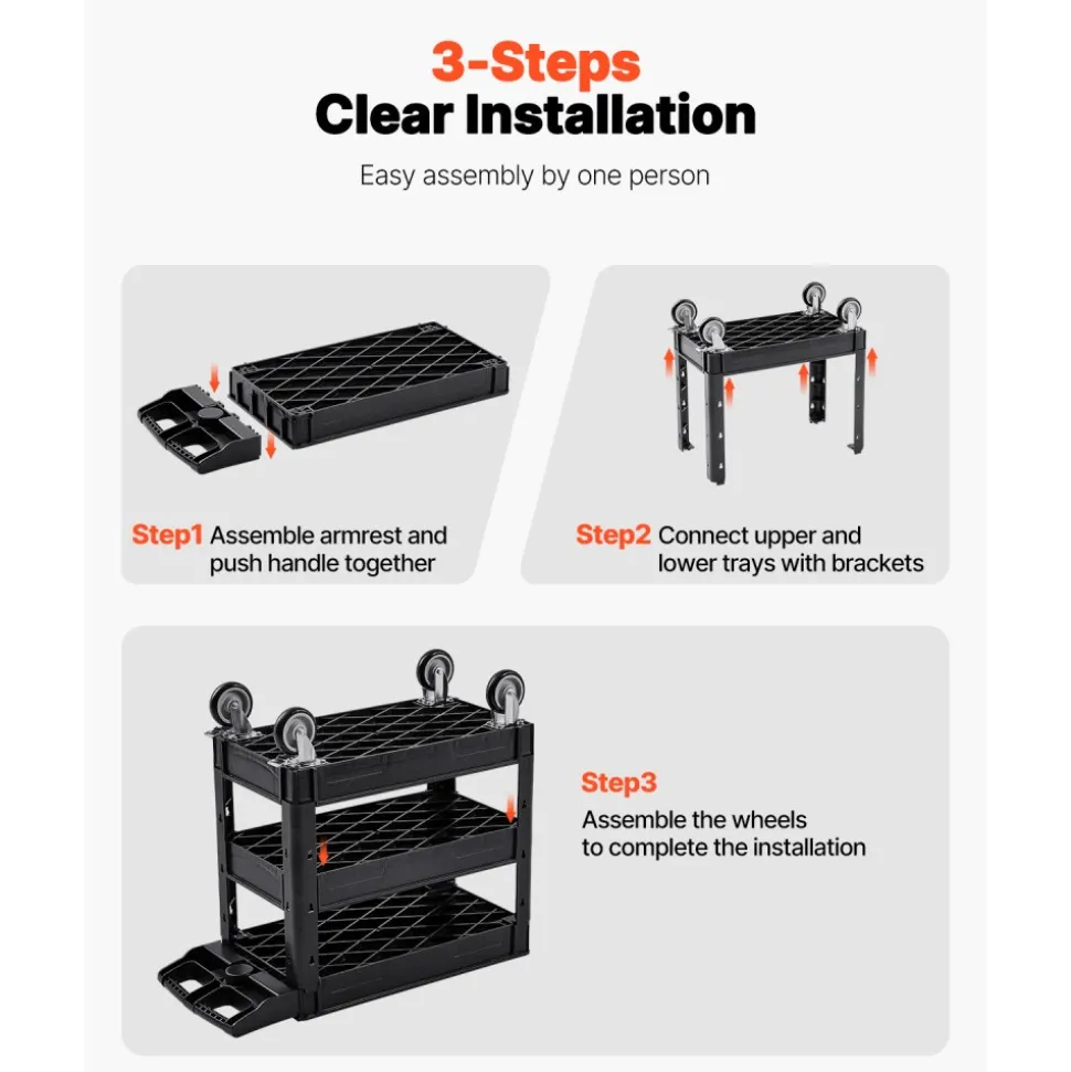 VEVOR Utility Service Cart, 550 LBS Laod Capacity, 3 Shelf Heavy Duty Plastic Rolling Utility Cart with 360° Swivel Wheels (2 with Brakes), Ergonomic Storage Handle for Warehouse/Garage/Cleaning